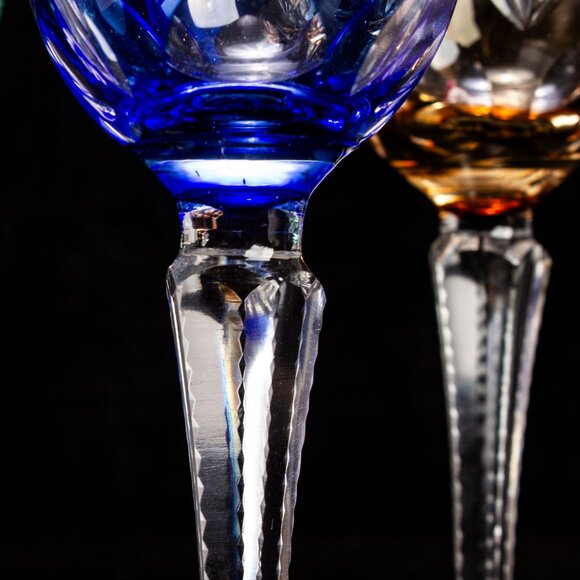 Crystal Wine Glasses | Cut to Clear | Amber, Cobalt, Aquamarine. Mid Century Bar - Picture 5 of 11